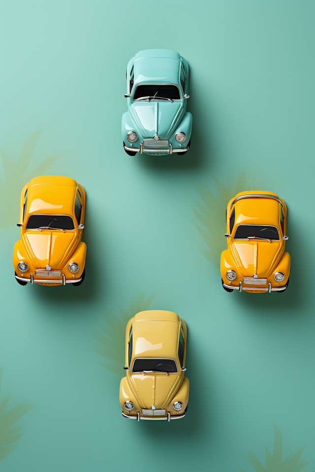 Retro Beetles Display: Aerial View of Pastel and Yellow Vintage VW Cars