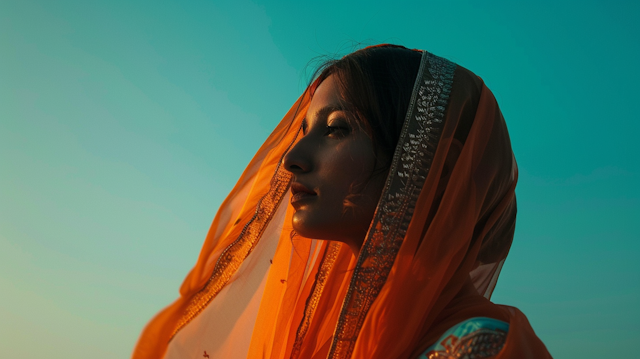 Tranquil Woman in Traditional Garment at Golden Hour