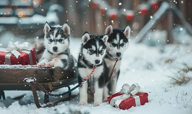 Husky Puppies in Snowy Setting