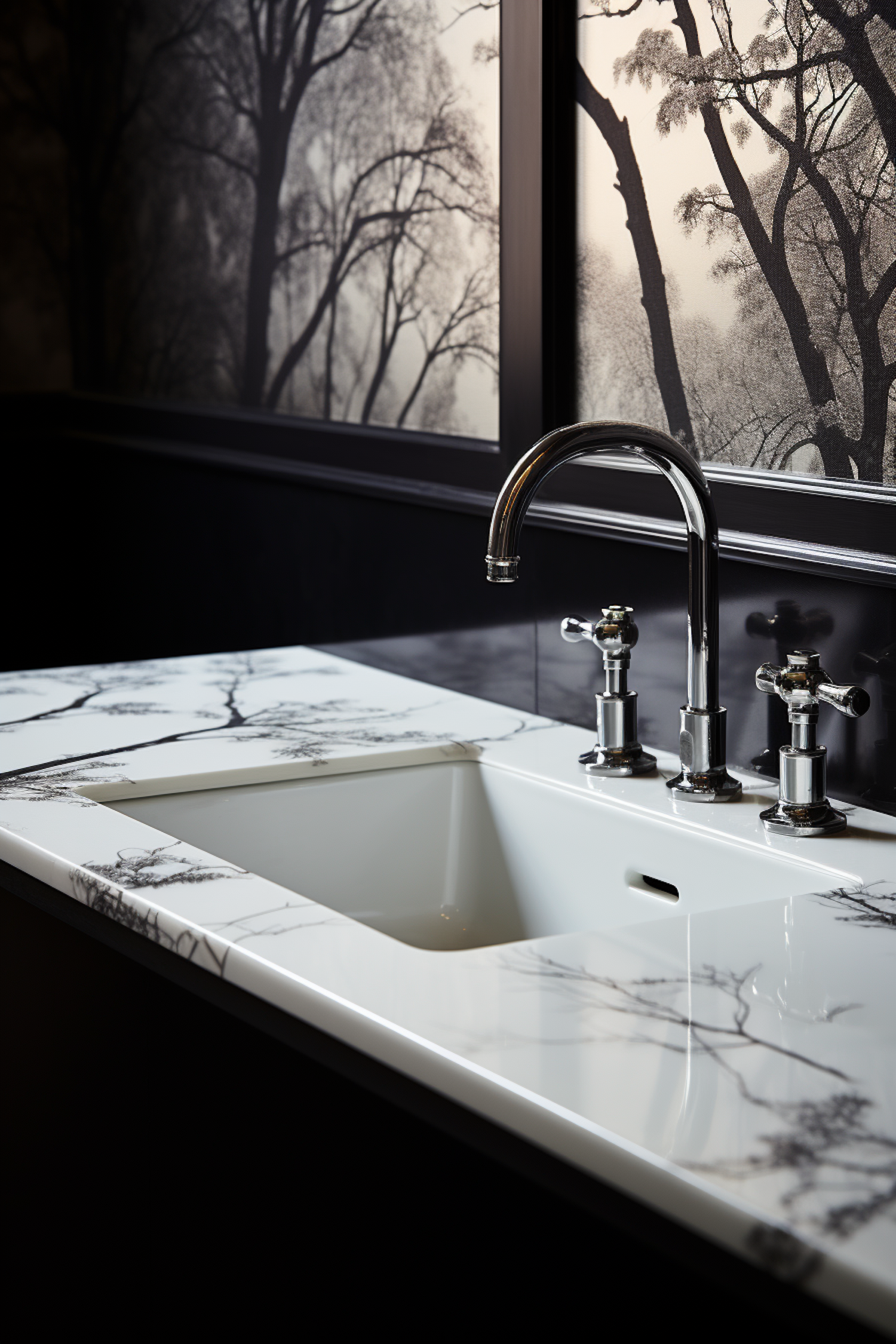 Elegant Marbled Branch-Pattern Porcelain Sink with Chrome Fixtures