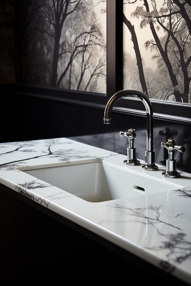 Elegant Marbled Branch-Pattern Porcelain Sink with Chrome Fixtures