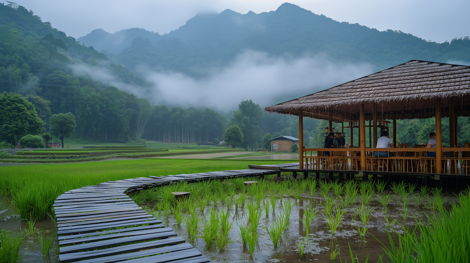 Serene Rural Landscape with Thatch-roofed Pavilion