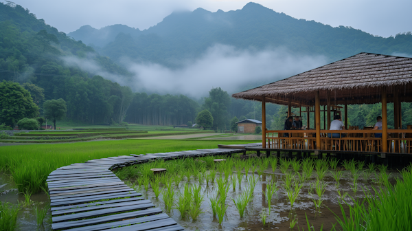 Serene Rural Landscape with Thatch-roofed Pavilion