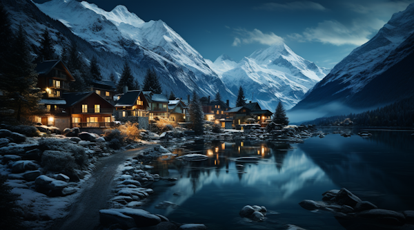 Alpine Serenity: Moonlit Chalets and Mountain Reflections