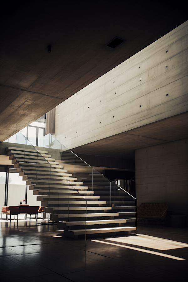 Aerial Lightness: Minimalist Wooden Staircase with Glass Balustrade