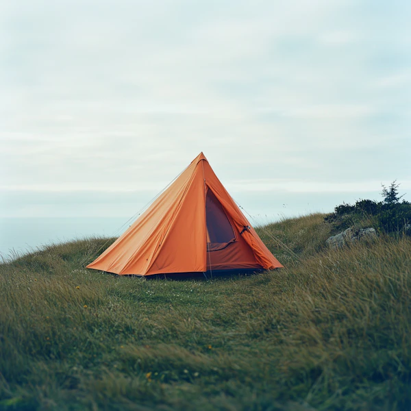 Orange Tent on Grassy Hill