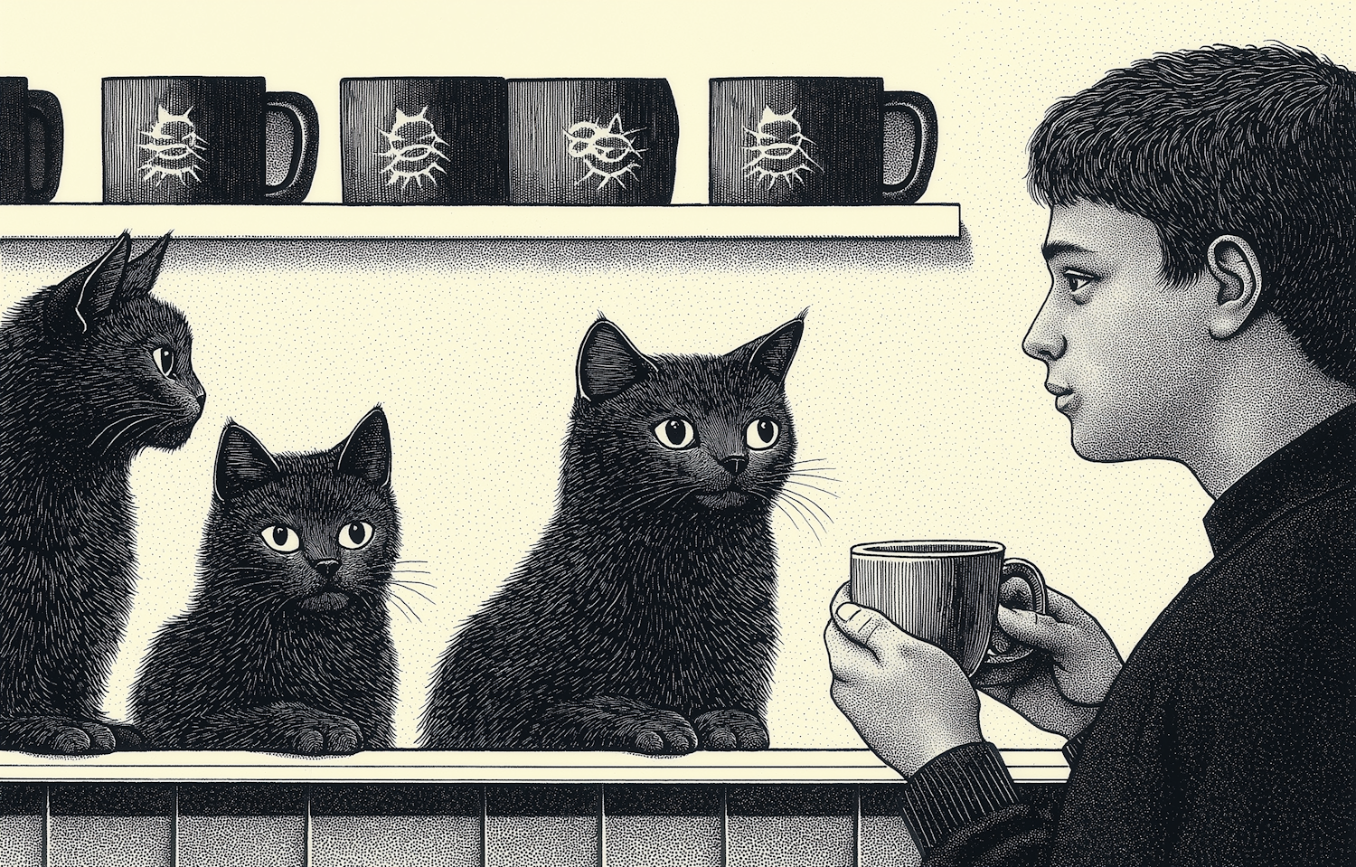 Man and Cats in Black and White Illustration