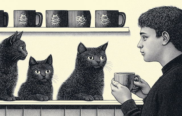 Man and Cats in Black and White Illustration