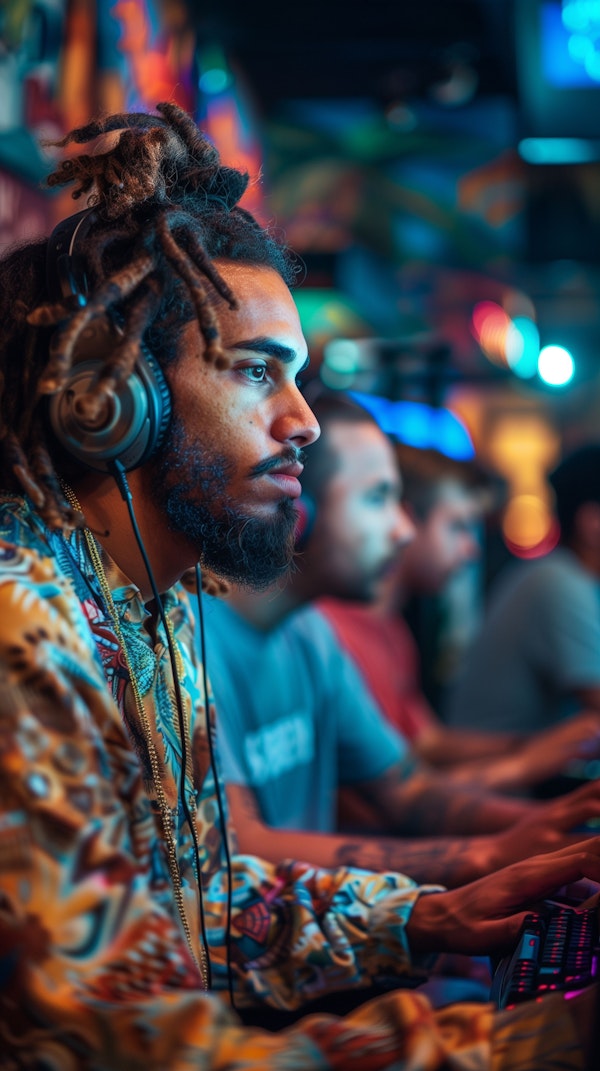 Focused Gamer in Neon-Lit Entertainment Venue