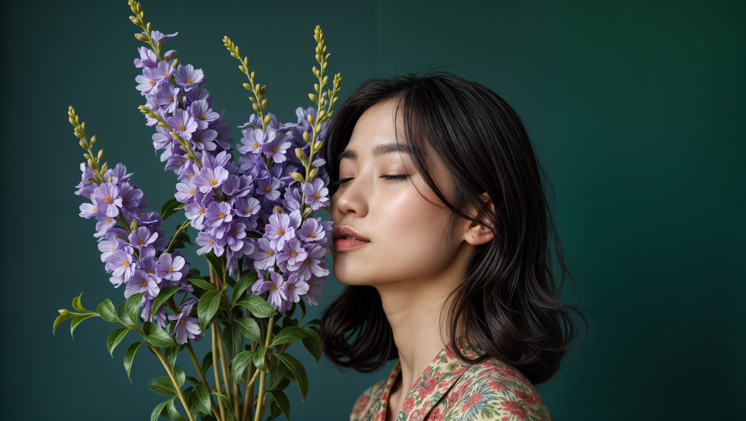 Tranquil Woman with Purple Flowers