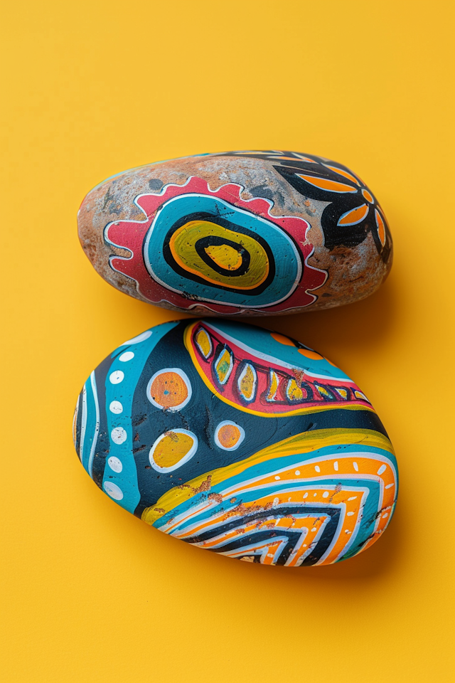 Intricately Painted Rocks on Mustard-Yellow Background