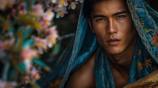 Portrait of a Young Man in Embroidered Blue Fabric