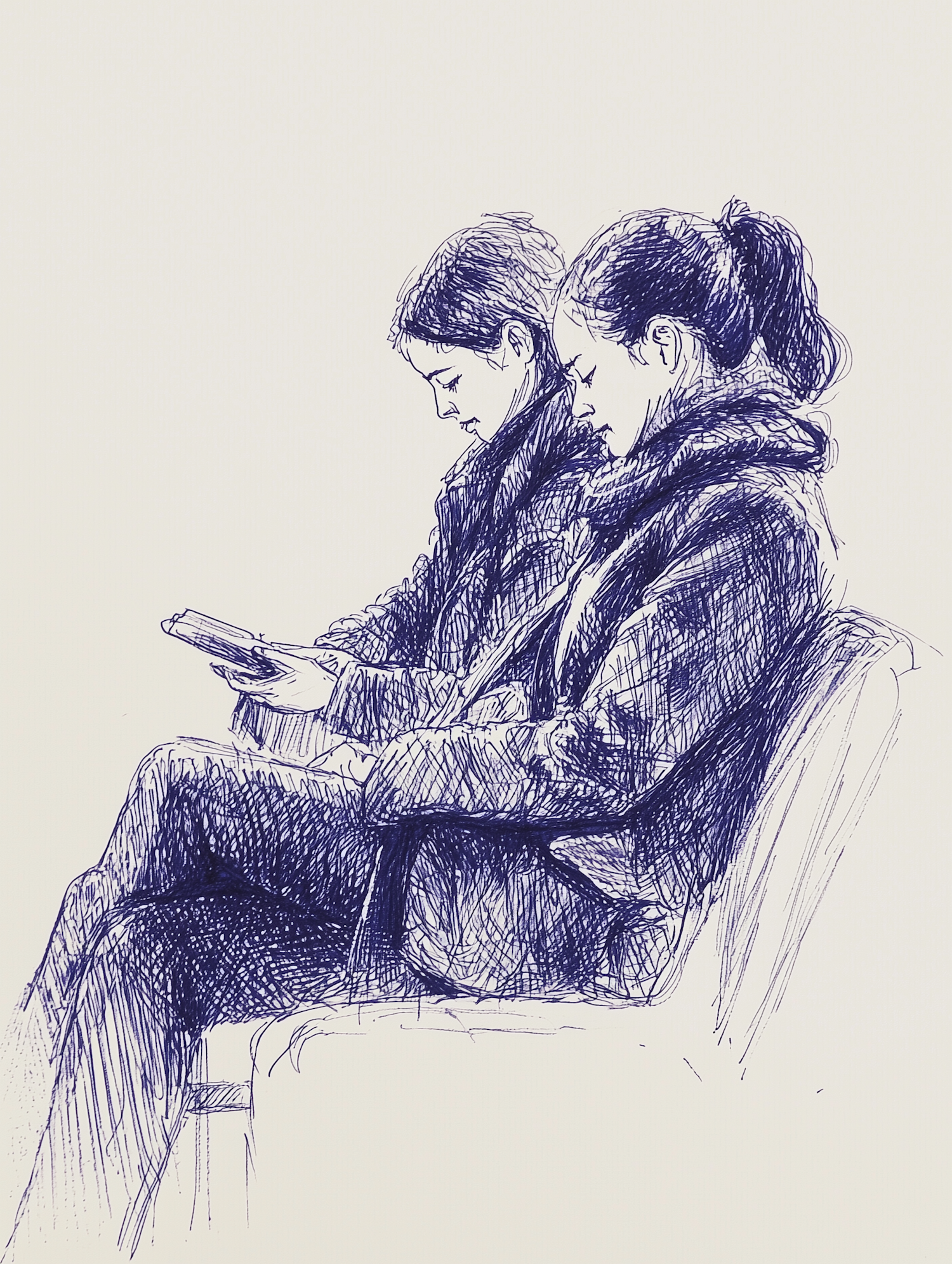 Monochromatic Blue Ink Drawing of Two People