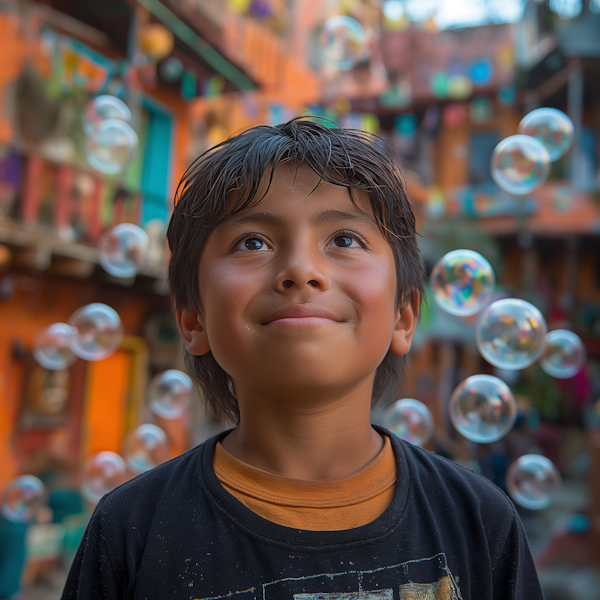 Boy Surrounded by Soap Bubbles