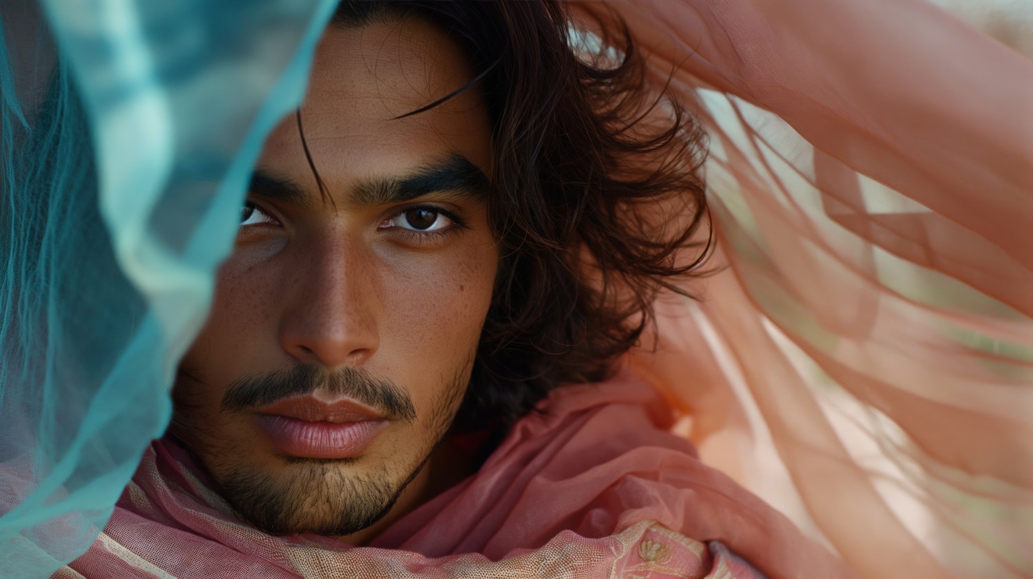 Contemplative Young Man with Flowing Fabrics