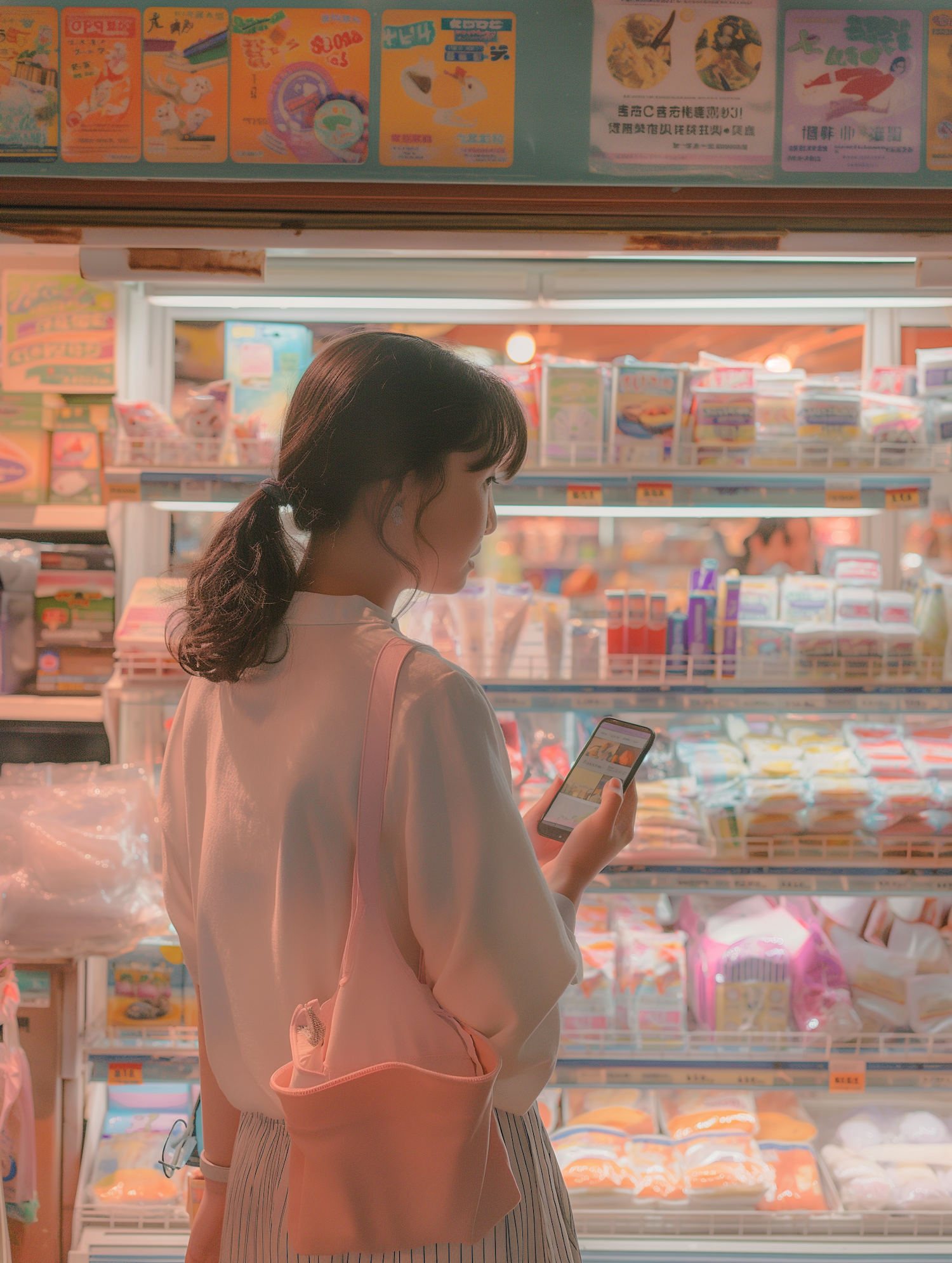 Young Woman at Grocery Store Fridge