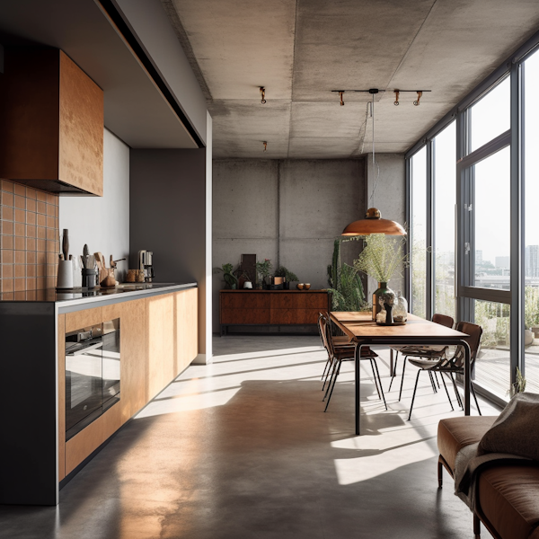 Modern Stylish Kitchen and Dining Area with Cityscape View