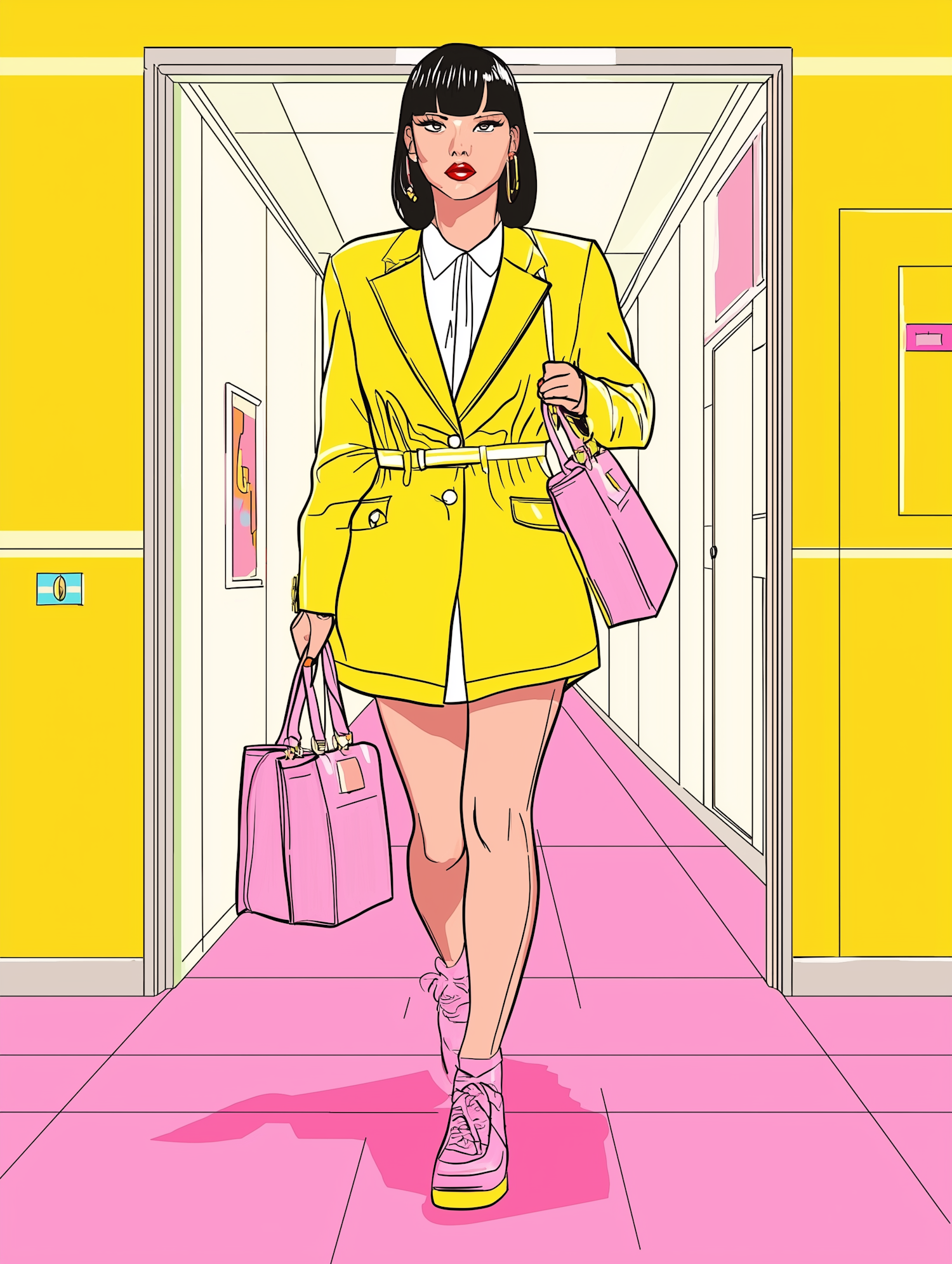 Stylish Woman in Vibrant Hallway