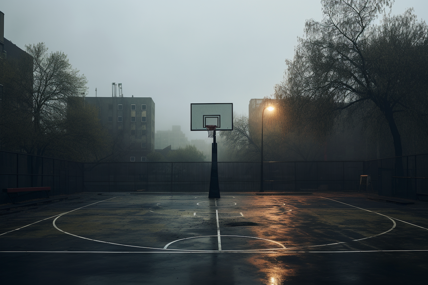 Twilight Serenity on the Rainy Basketball Court