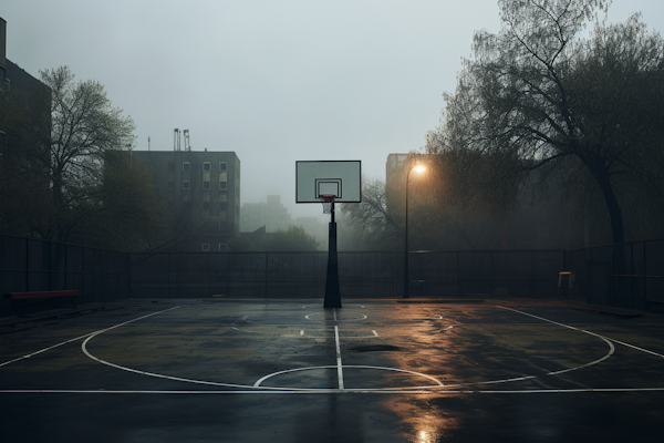 Twilight Serenity on the Rainy Basketball Court