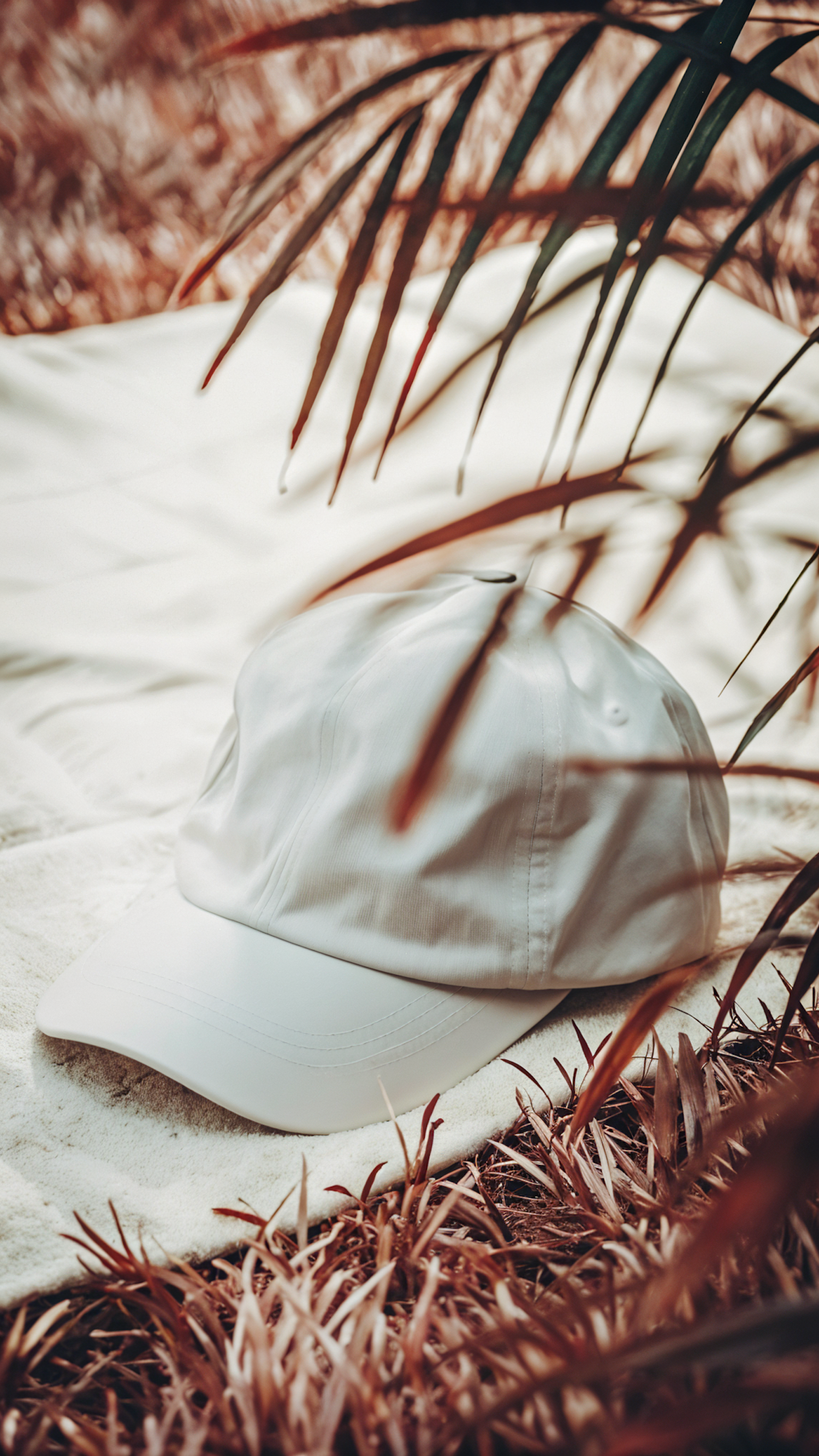 White Baseball Cap on Light Surface with Leaves