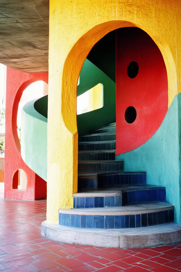 Vibrant Architectural Scene with Spiral Staircase