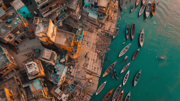 Bustling Riverside Aerial View