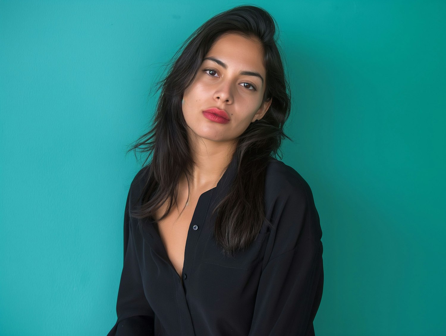 Contemplative Young Woman with Bold Red Lips