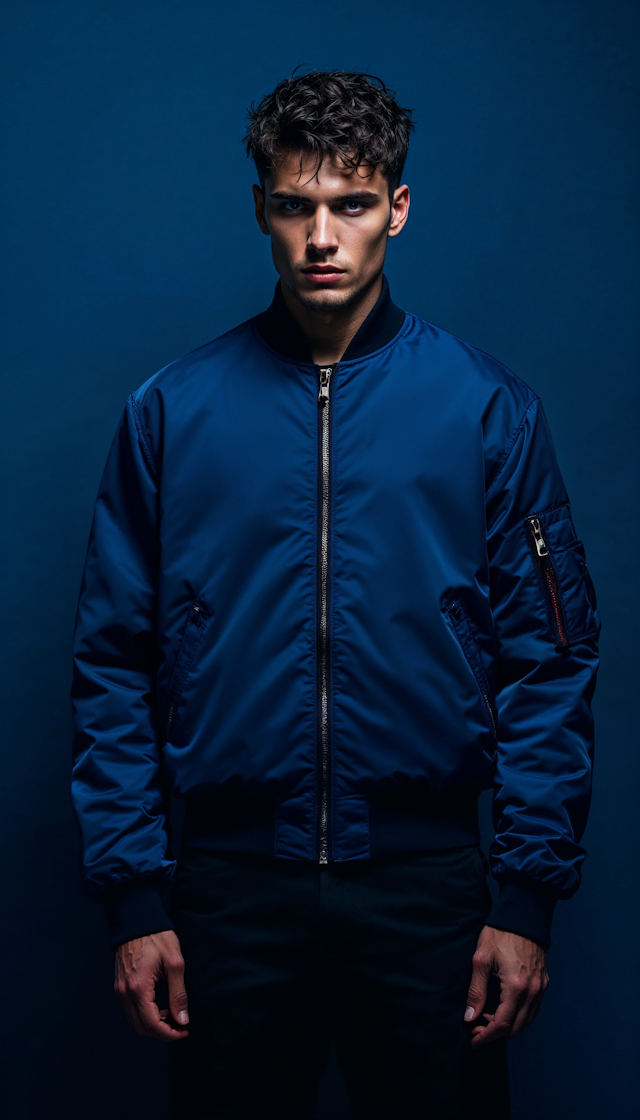 Man in Blue Bomber Jacket