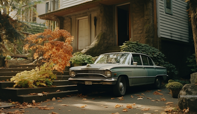 Autumn Nostalgia with Vintage Green Car