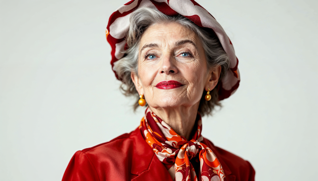 Elegant Older Woman in Red and White Hat