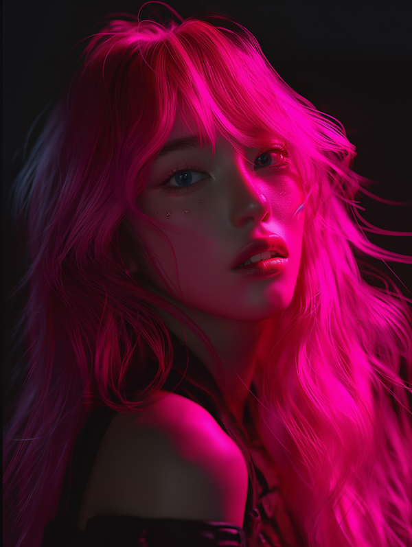 Vibrant Portrait of Woman in Pink and Red Lighting