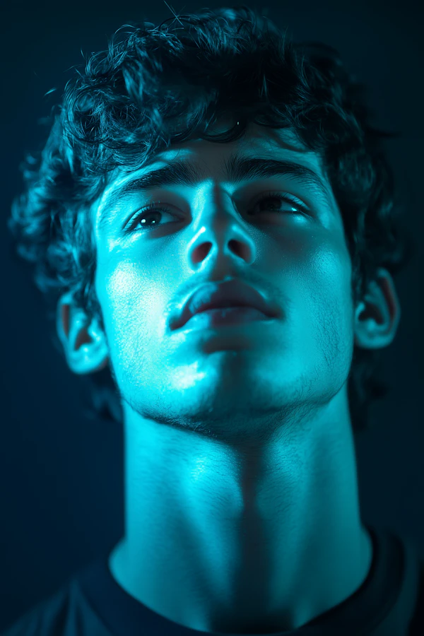 Contemplative Young Man in Blue Light