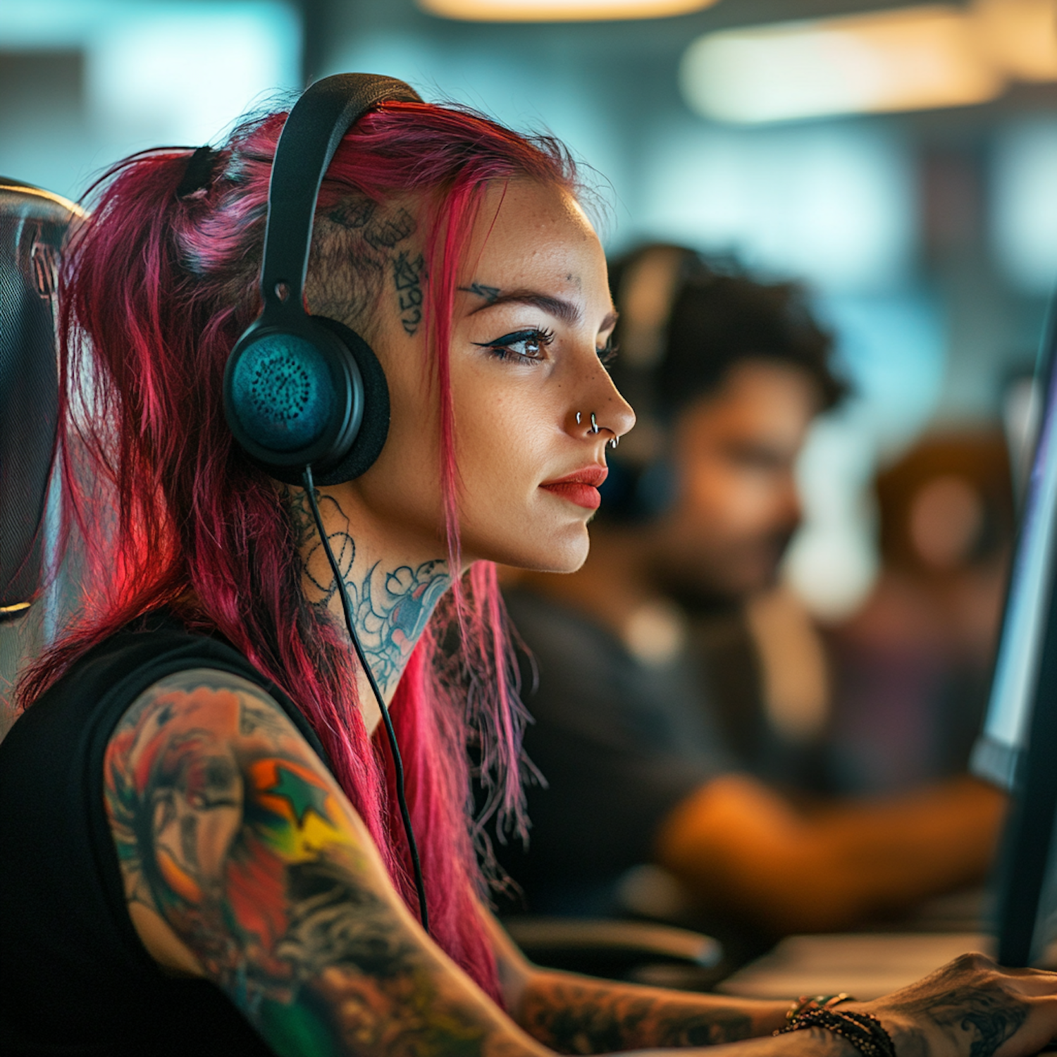 Woman with Magenta Hair and Tattoos Working on Computer