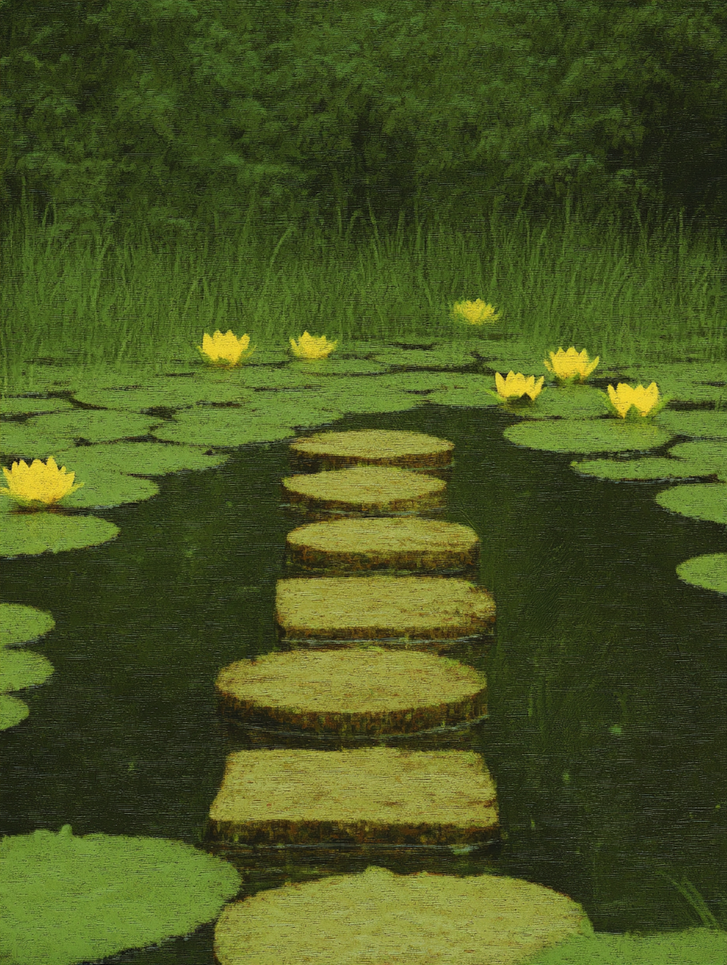 Serene Pond Scene with Stepping Stones