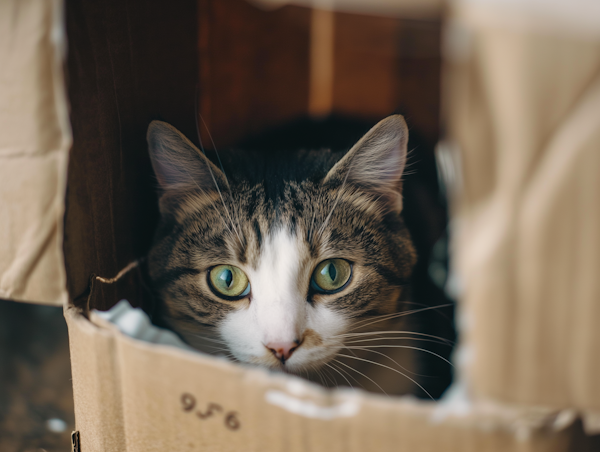 Tabby Cat in Cardboard Box