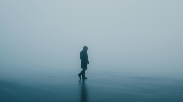 Solitary Figure in a Monochromatic Blue Gradient