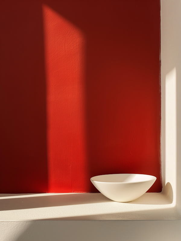 Minimalist Composition with White Bowl and Red Backdrop