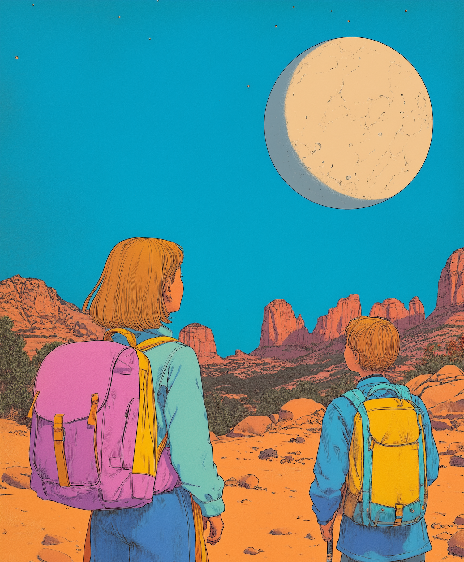 Children in Desert Moonlight