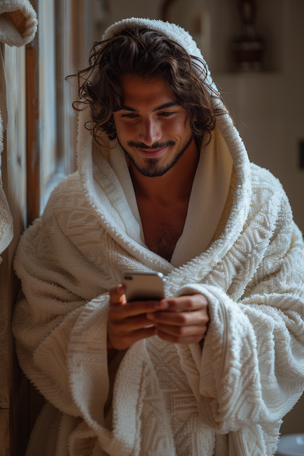 Man in White Bathrobe Engaging with Smartphone