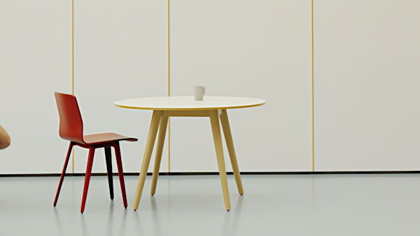 Minimalist Elegance: White Table and Red Chair Scene