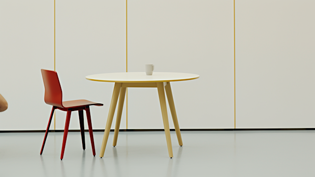 Minimalist Elegance: White Table and Red Chair Scene