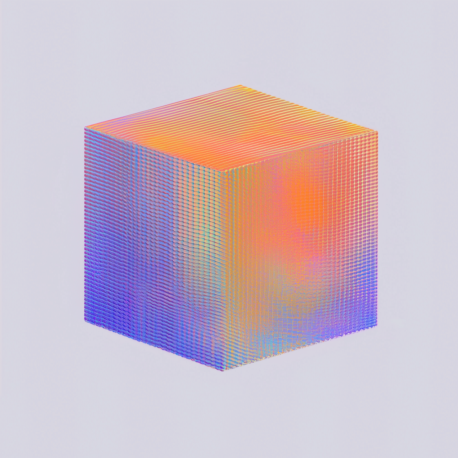3D cube graphic with purple and orange gradient coloring, showing three visible faces with soft shading