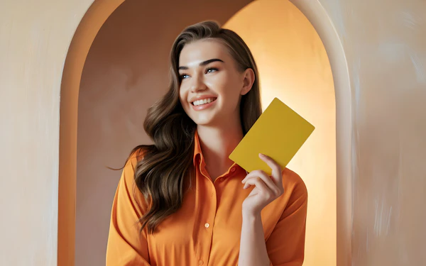 Smiling Woman with Card
