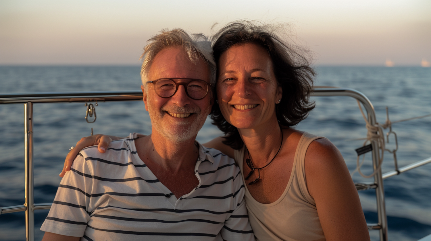 Elderly Couple Embracing on Sailing Boat at Sunset