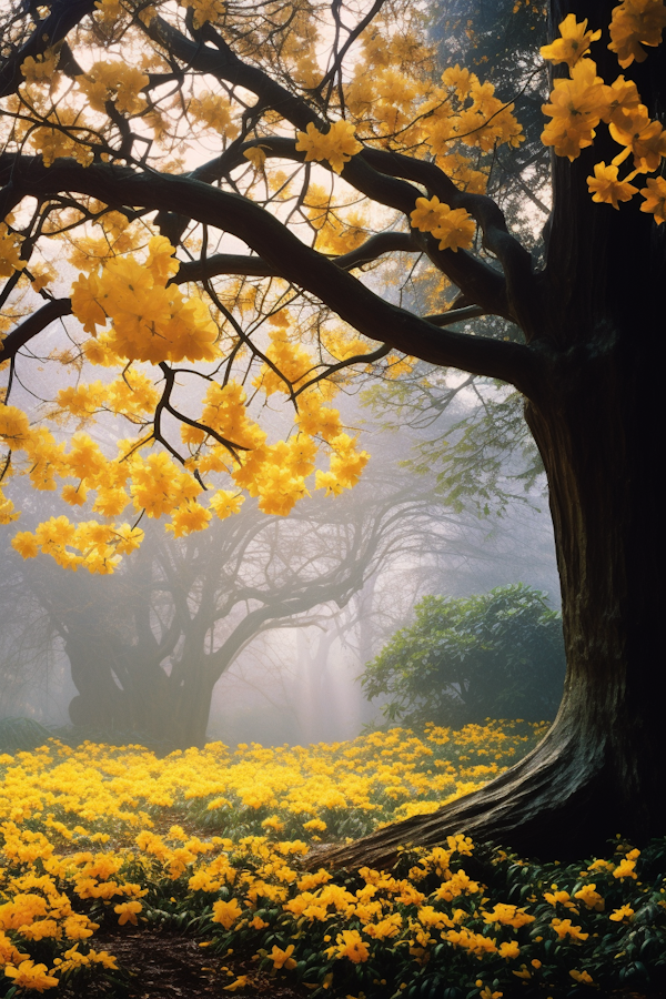 Misty Yellow Blossom Woods