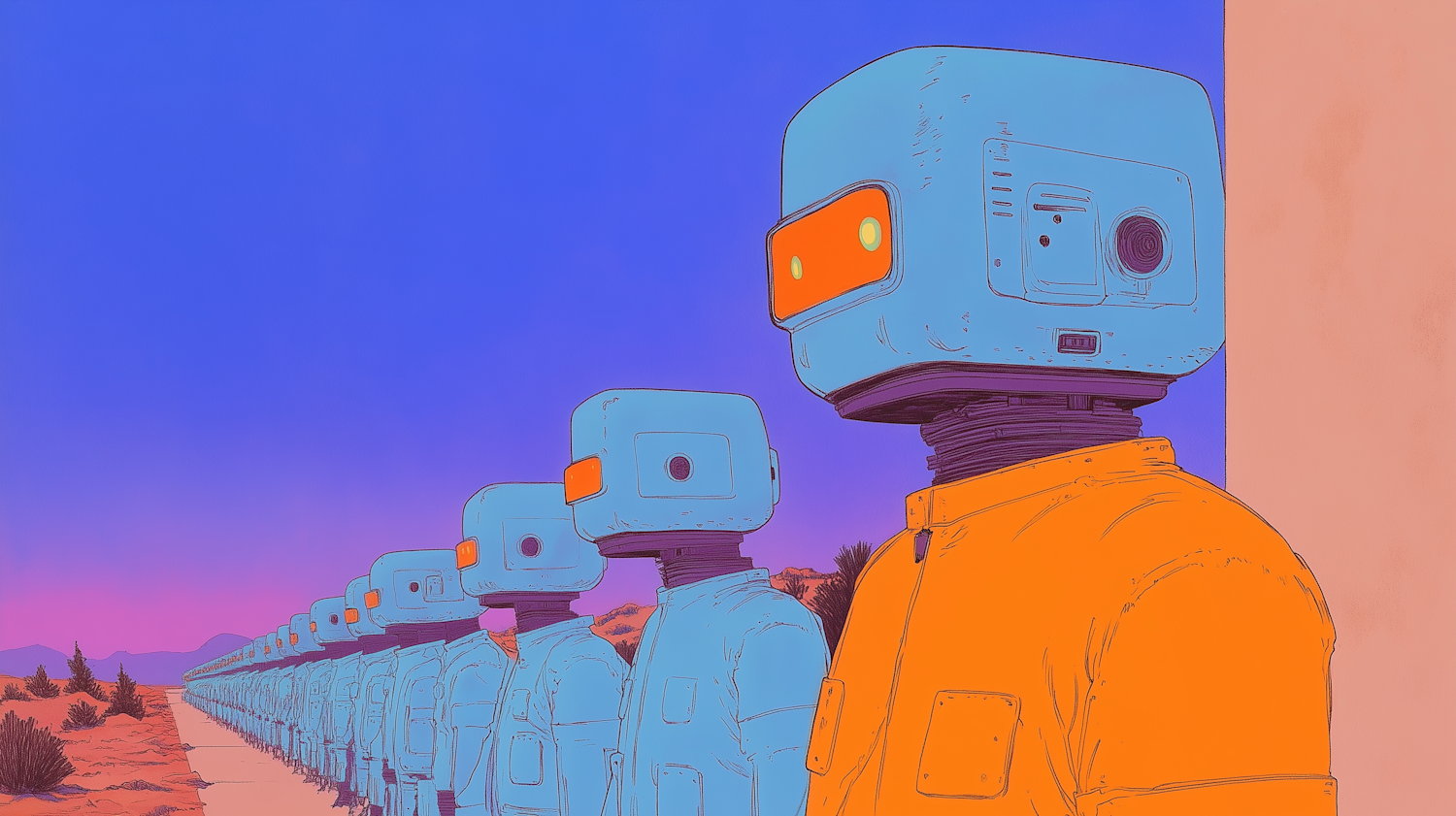 Line of Humanoid Robots in Desert