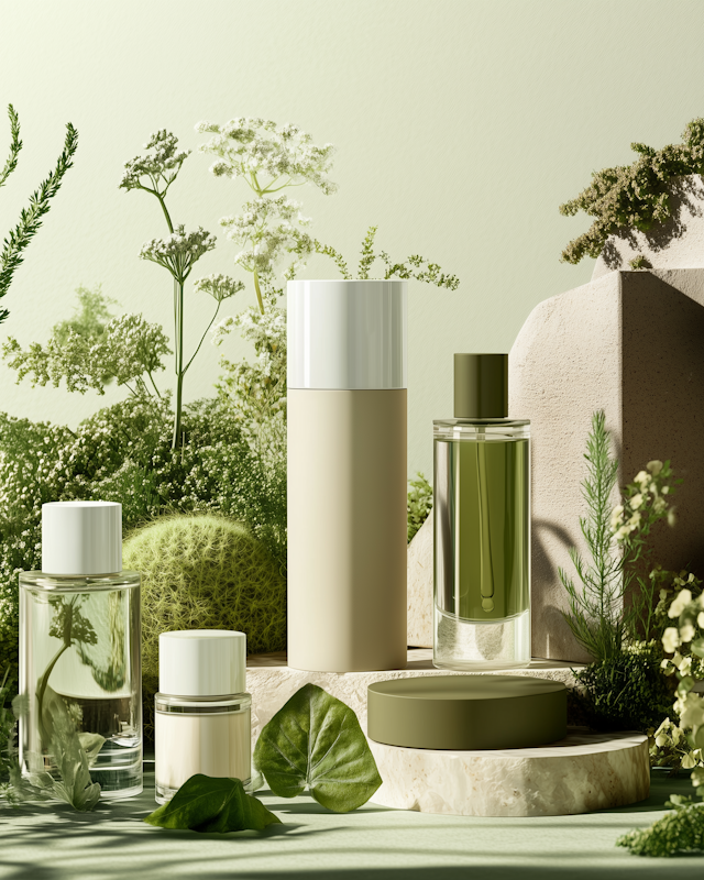 Cosmetic Bottles Among Greenery