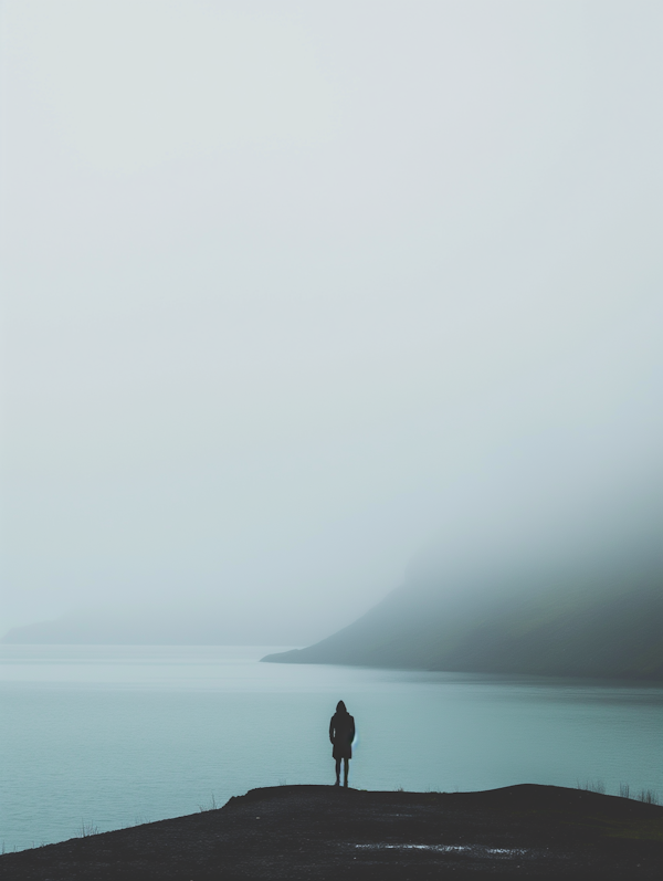 Solitary Figure Overlooking Misty Mountains