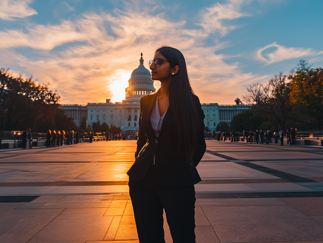 Confident Woman in Front of Grand Building